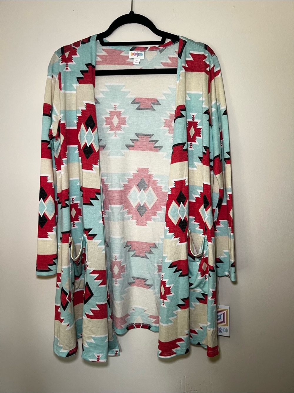 LuLaRoe Caroline Aztec Open Front Cardigan - Mint, Red & Cream